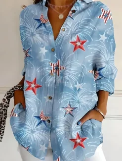 Sale Women's Patriotic Shirt Graphic Flag USA Vintage Daily Stylish Regular Tops Work Daily s Print Denim Blue Black Red Blue Spring Women Independence Day Top