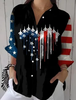 Sale Women's Patriotic Shirt Graphic Flag USA Vintage Daily Stylish Regular Tops Work Daily s Print Denim Blue Black Red Blue Spring Women Independence Day Top
