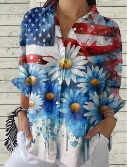 New Women's Patriotic Shirt Graphic Flag Casual Regular Tops Work Daily s Print Black Red Sky Blue Spring Fall Women Independence Day Top
