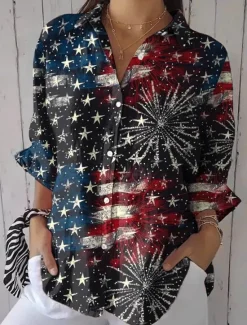 New Women's Patriotic Shirt Graphic Flag Casual Regular Tops Work Daily s Print Black Red Sky Blue Spring Fall Women Independence Day Top