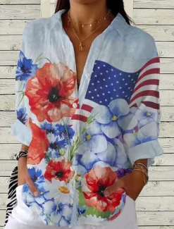 New Women's Patriotic Shirt Graphic Flag Casual Regular Tops Work Daily s Print Black Red Sky Blue Spring Fall Women Independence Day Top
