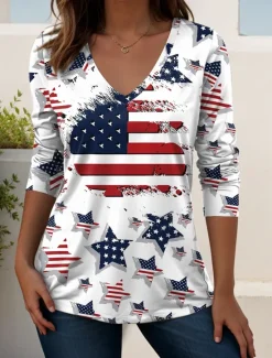 Women's Patriotic T Shirt V Neck Long Sleeve Tunic Flag Geometric Elegant Vintage Fashion Regular Tops Daily Weekend Vacation Wear Print White Red Blue Spring Prefall Women Independence Day Top