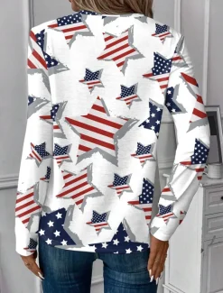Women's Patriotic T Shirt V Neck Long Sleeve Tunic Flag Geometric Elegant Vintage Fashion Regular Tops Daily Weekend Vacation Wear Print White Red Blue Spring Prefall Women Independence Day Top