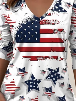 Women's Patriotic T Shirt V Neck Long Sleeve Tunic Flag Geometric Elegant Vintage Fashion Regular Tops Daily Weekend Vacation Wear Print White Red Blue Spring Prefall Women Independence Day Top