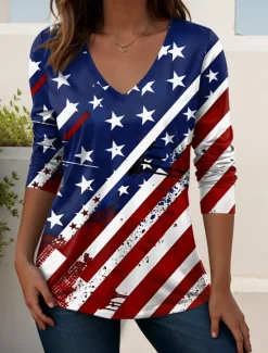 Sale Women's Patriotic T Shirt V Neck Long Sleeve Tunic Geometric National Flag Elegant Vintage Stylish Regular Tops Daily Weekend Print Red Navy Blue Blue Spring Prefall Women Independence Day Top