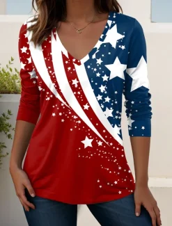 Sale Women's Patriotic T Shirt V Neck Long Sleeve Tunic Geometric National Flag Elegant Vintage Stylish Regular Tops Daily Weekend Print Red Navy Blue Blue Spring Prefall Women Independence Day Top