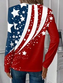 Sale Women's Patriotic T Shirt V Neck Long Sleeve Tunic Geometric National Flag Elegant Vintage Stylish Regular Tops Daily Weekend Print Red Navy Blue Blue Spring Prefall Women Independence Day Top