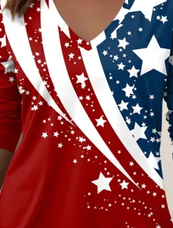 Sale Women's Patriotic T Shirt V Neck Long Sleeve Tunic Geometric National Flag Elegant Vintage Stylish Regular Tops Daily Weekend Print Red Navy Blue Blue Spring Prefall Women Independence Day Top