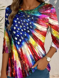 Women's Patriotic T Shirt Graphic Flag Abstract Vintage Stylish Classic Round Neck Regular Tops Daily Print Blue Purple Green Fall Women Independence Day Top