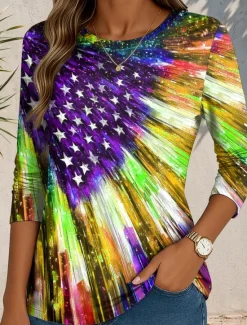 Women's Patriotic T Shirt Graphic Flag Abstract Vintage Stylish Classic Round Neck Regular Tops Daily Print Blue Purple Green Fall Women Independence Day Top