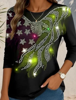 New Women's Patriotic T Shirt Graphic Flag Abstract Vintage Stylish Classic Regular Tops Daily Print Rhinestone Red Blue Purple Green Fall Women Independence Day Top