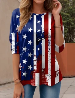 New Women's Patriotic T Shirt Graphic American Flag Vintage Stylish Casual Regular Tops Daily Weekend Print Red Blue Dusty Blue Summer Women Independence Day Top
