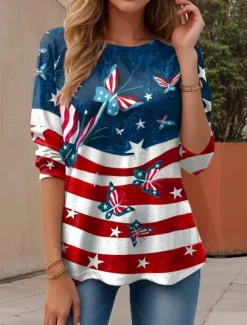 New Women's Patriotic T Shirt Graphic American Flag Vintage Stylish Casual Regular Tops Daily Weekend Print Red Blue Dusty Blue Summer Women Independence Day Top