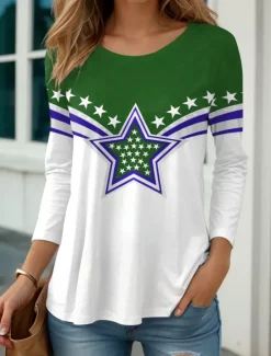 Sale Women's Patriotic T Shirt Graphic Flag Vintage Stylish Classic Round Neck Regular Tops Daily Print Blue Purple Green Fall Women Independence Day Top