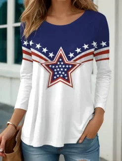 Sale Women's Patriotic T Shirt Graphic Flag Vintage Stylish Classic Round Neck Regular Tops Daily Print Blue Purple Green Fall Women Independence Day Top