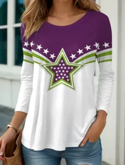 Sale Women's Patriotic T Shirt Graphic Flag Vintage Stylish Classic Round Neck Regular Tops Daily Print Blue Purple Green Fall Women Independence Day Top
