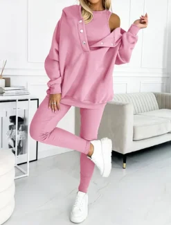 Hot Women's 3pcs Loungewear Set Coordinated Hoodie with Shoulder Cut-Out and Joggers Pink Casual Sporty Outfit Elastic Fashionable Spring Autumn Women Two Piece Sets