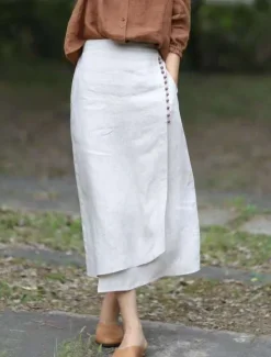 Online Women's Pencil Long Skirt Linen Skirts Fashion Streetwear Basic Casual Midi Skirts Solid Colored Split Ripped Asymmetric Hem Office / Career Street White Blue Brown Summer Linen Cotton And Linen Women Skirts