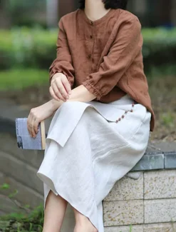 Online Women's Pencil Long Skirt Linen Skirts Fashion Streetwear Basic Casual Midi Skirts Solid Colored Split Ripped Asymmetric Hem Office / Career Street White Blue Brown Summer Linen Cotton And Linen Women Skirts