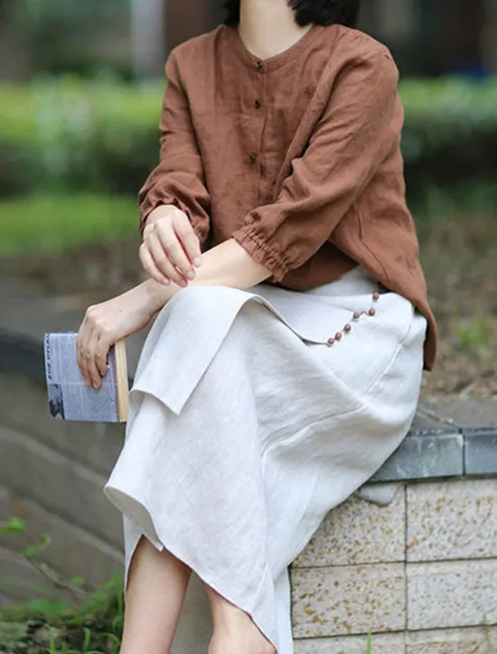 Online Women's Pencil Long Skirt Linen Skirts Fashion Streetwear Basic Casual Midi Skirts Solid Colored Split Ripped Asymmetric Hem Office / Career Street White Blue Brown Summer Linen Cotton And Linen Women Skirts