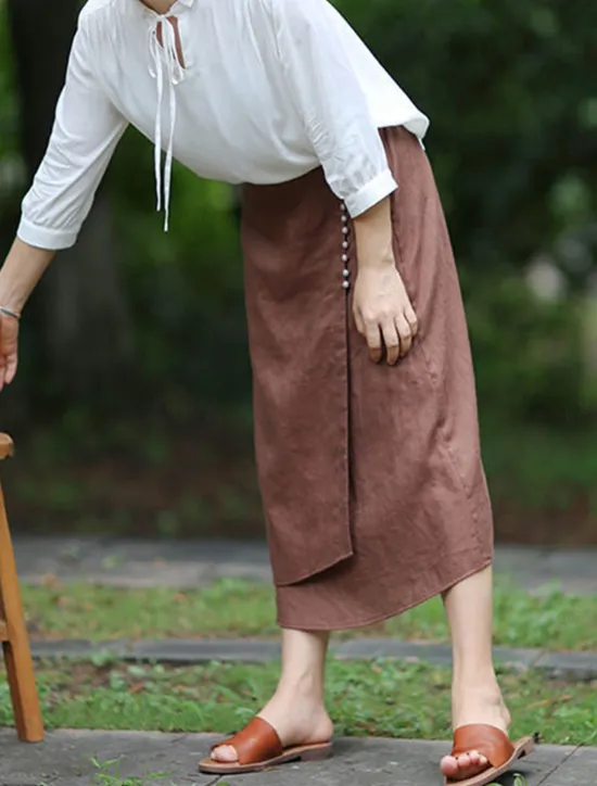 Online Women's Pencil Long Skirt Linen Skirts Fashion Streetwear Basic Casual Midi Skirts Solid Colored Split Ripped Asymmetric Hem Office / Career Street White Blue Brown Summer Linen Cotton And Linen Women Skirts