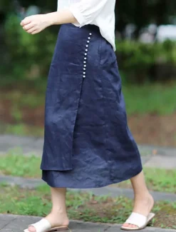 Online Women's Pencil Long Skirt Linen Skirts Fashion Streetwear Basic Casual Midi Skirts Solid Colored Split Ripped Asymmetric Hem Office / Career Street White Blue Brown Summer Linen Cotton And Linen Women Skirts