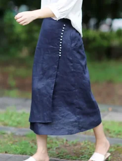 Online Women's Pencil Long Skirt Linen Skirts Fashion Streetwear Basic Casual Midi Skirts Solid Colored Split Ripped Asymmetric Hem Office / Career Street White Blue Brown Summer Linen Cotton And Linen Women Skirts