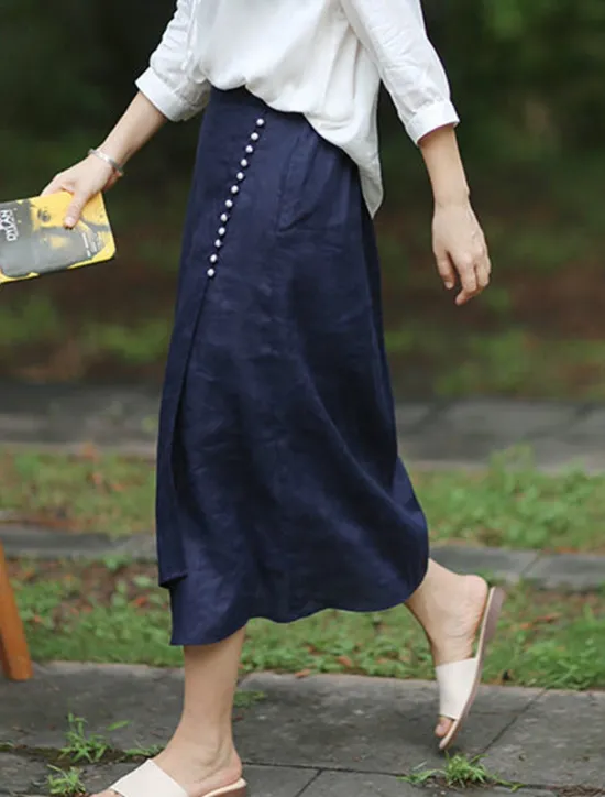 Online Women's Pencil Long Skirt Linen Skirts Fashion Streetwear Basic Casual Midi Skirts Solid Colored Split Ripped Asymmetric Hem Office / Career Street White Blue Brown Summer Linen Cotton And Linen Women Skirts