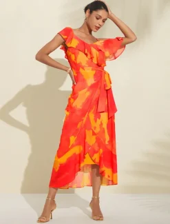Clearance Women's Peplum Dresses Wedding Guest Midi Dress Purple Short Sleeve Blooming Ruffle Front Tie Spring & Summer Asymmetrical Romantic S M L Women Vacation Dresses|Chiffon Dresses