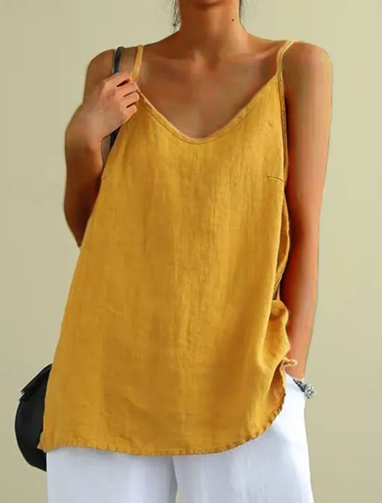 Hot Women's Petite Camisole Tank Top Linen Vest Solid Color Casual Beach Sleeveless V Neck Regular Tops Daily Beach Wear Vacation Wear Backless Black White Yellow Blue Green Spring, Fall, Winter, Summer Women Shirts