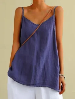 Hot Women's Petite Camisole Tank Top Linen Vest Solid Color Casual Beach Sleeveless V Neck Regular Tops Daily Beach Wear Vacation Wear Backless Black White Yellow Blue Green Spring, Fall, Winter, Summer Women Shirts