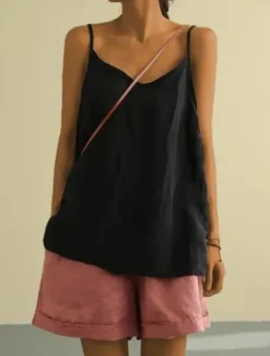 Hot Women's Petite Camisole Tank Top Linen Vest Solid Color Casual Beach Sleeveless V Neck Regular Tops Daily Beach Wear Vacation Wear Backless Black White Yellow Blue Green Spring, Fall, Winter, Summer Women Shirts