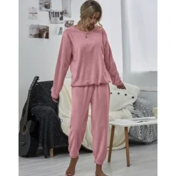 Sale Women's Pink Fleece Pajamas Nighty Pjs Sets 2 Pieces Pure Color Sport Simple Comfort Party Home Street Warm Gift Long Sleeve Hoodie Pant Elastic Waistband Winter Fall Home Outfits Women Pajama-Setter