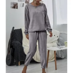 Sale Women's Pink Fleece Pajamas Nighty Pjs Sets 2 Pieces Pure Color Sport Simple Comfort Party Home Street Warm Gift Long Sleeve Hoodie Pant Elastic Waistband Winter Fall Home Outfits Women Pajama-Setter