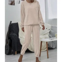 Sale Women's Pink Fleece Pajamas Nighty Pjs Sets 2 Pieces Pure Color Sport Simple Comfort Party Home Street Warm Gift Long Sleeve Hoodie Pant Elastic Waistband Winter Fall Home Outfits Women Pajama-Setter