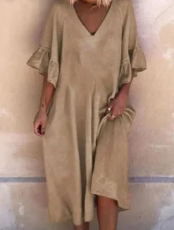 Best Women's Pink Navy Blue Blue Summer Spring Midi Dress Cotton Linen Dresses Casual Dress Basic Modern Daily Weekend Loose Fit Plain V Neck Women Dresses