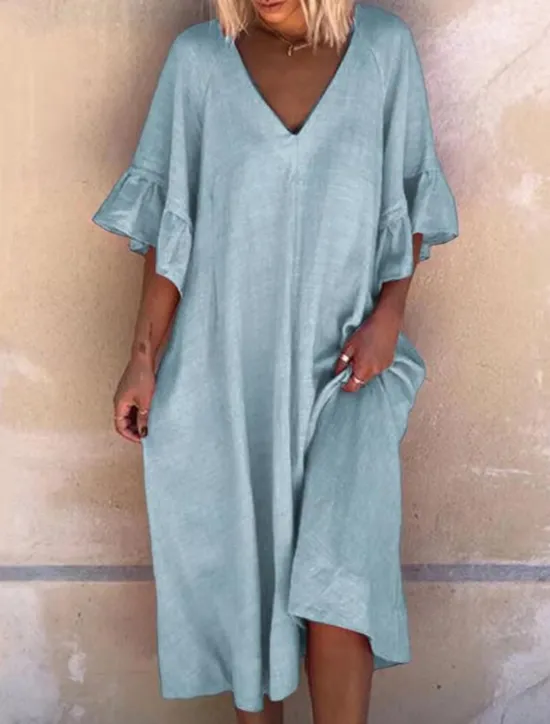 Best Women's Pink Navy Blue Blue Summer Spring Midi Dress Cotton Linen Dresses Casual Dress Basic Modern Daily Weekend Loose Fit Plain V Neck Women Dresses