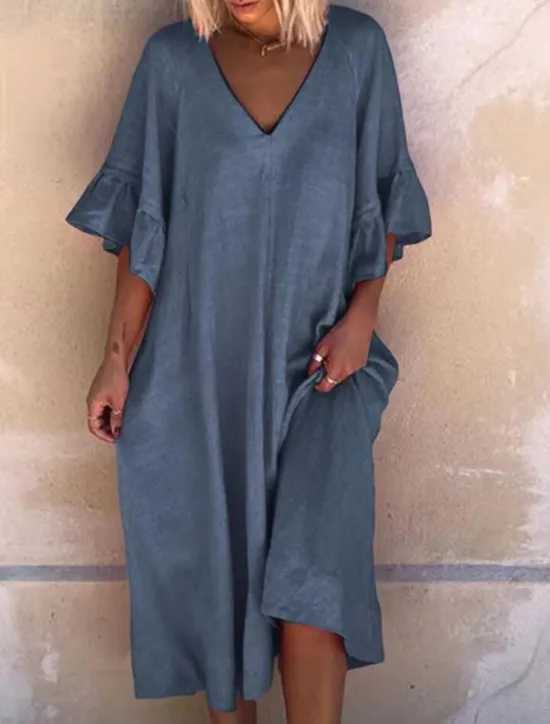 Best Women's Pink Navy Blue Blue Summer Spring Midi Dress Cotton Linen Dresses Casual Dress Basic Modern Daily Weekend Loose Fit Plain V Neck Women Dresses