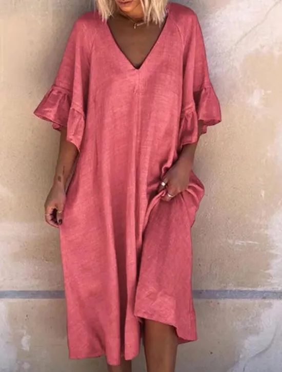 Best Women's Pink Navy Blue Blue Summer Spring Midi Dress Cotton Linen Dresses Casual Dress Basic Modern Daily Weekend Loose Fit Plain V Neck Women Dresses