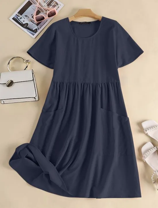 Discount Women's Pink Navy Blue Brown Summer Spring Midi Dress Linen-Inspired Dresses Cotton Linen Dress A Line Dress Casual Daily Weekend Loose Fit Plain Crew Neck Women Dresses