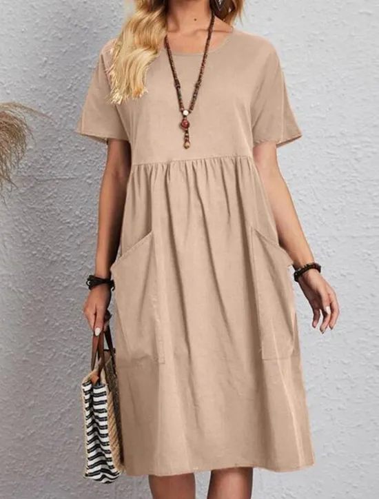 Discount Women's Pink Navy Blue Brown Summer Spring Midi Dress Linen-Inspired Dresses Cotton Linen Dress A Line Dress Casual Daily Weekend Loose Fit Plain Crew Neck Women Dresses