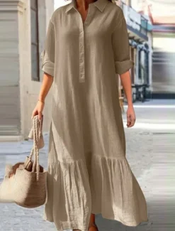Outlet Women's Pink Navy Blue khaki Spring Fall Maxi Dress Linen-Inspired Dresses Cotton Linen Dress Fashion Casual Daily Date Regular Fit Shirt Collar Women Dresses