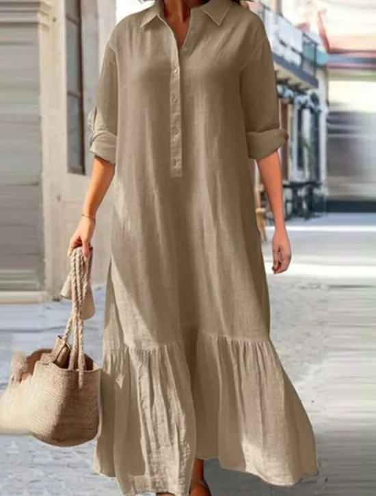 Outlet Women's Pink Navy Blue khaki Spring Fall Maxi Dress Linen-Inspired Dresses Cotton Linen Dress Fashion Casual Daily Date Regular Fit Shirt Collar Women Dresses