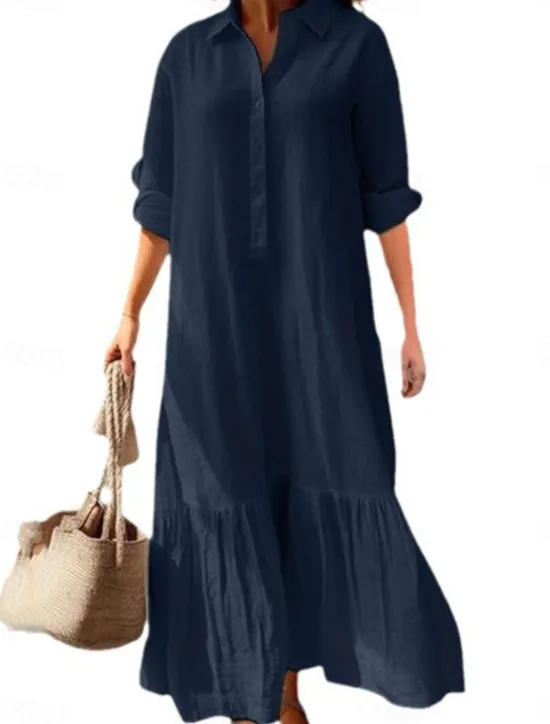 Outlet Women's Pink Navy Blue khaki Spring Fall Maxi Dress Linen-Inspired Dresses Cotton Linen Dress Fashion Casual Daily Date Regular Fit Shirt Collar Women Dresses