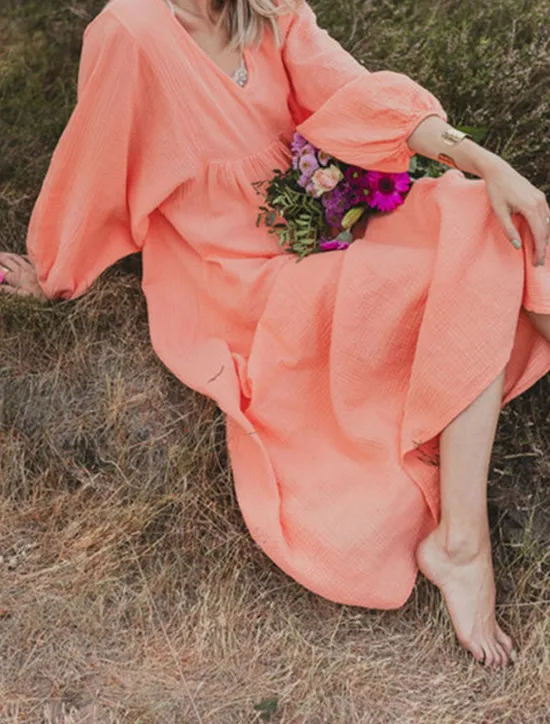 New Women's Pink Orange Rose Red Summer Spring Maxi Dress Linen-Inspired Dresses Casual Dress Basic Modern Daily Weekend Loose Fit Plain V Neck Women Dresses