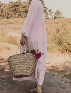 New Women's Pink Orange Rose Red Summer Spring Maxi Dress Linen-Inspired Dresses Casual Dress Basic Modern Daily Weekend Loose Fit Plain V Neck Women Dresses