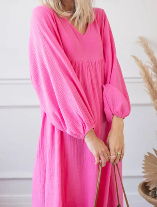 New Women's Pink Orange Rose Red Summer Spring Maxi Dress Linen-Inspired Dresses Casual Dress Basic Modern Daily Weekend Loose Fit Plain V Neck Women Dresses