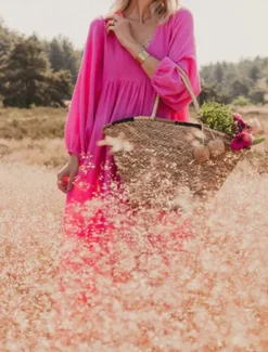 New Women's Pink Orange Rose Red Summer Spring Maxi Dress Linen-Inspired Dresses Casual Dress Basic Modern Daily Weekend Loose Fit Plain V Neck Women Dresses