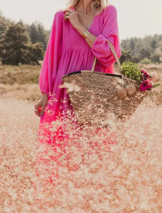 New Women's Pink Orange Rose Red Summer Spring Maxi Dress Linen-Inspired Dresses Casual Dress Basic Modern Daily Weekend Loose Fit Plain V Neck Women Dresses