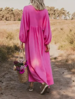 New Women's Pink Orange Rose Red Summer Spring Maxi Dress Linen-Inspired Dresses Casual Dress Basic Modern Daily Weekend Loose Fit Plain V Neck Women Dresses